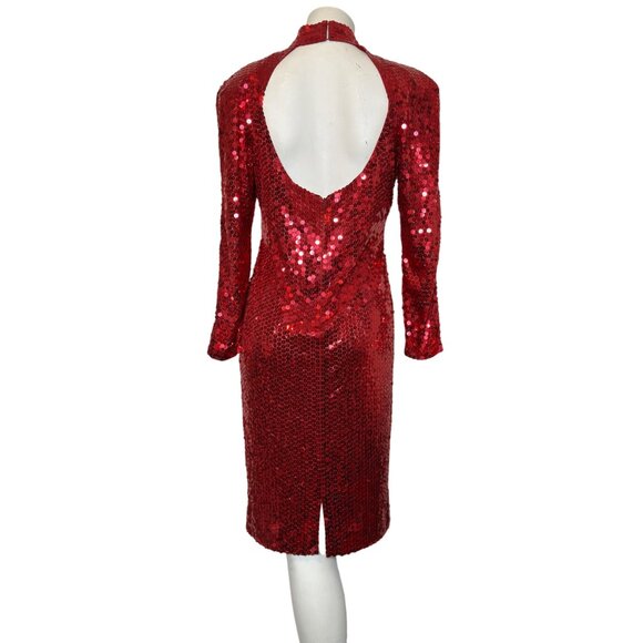 Vintage OLEG CASSINI 12 Open Back True Red Sequin Dress 80s 90s Mob Wife Large - Picture 5 of 11